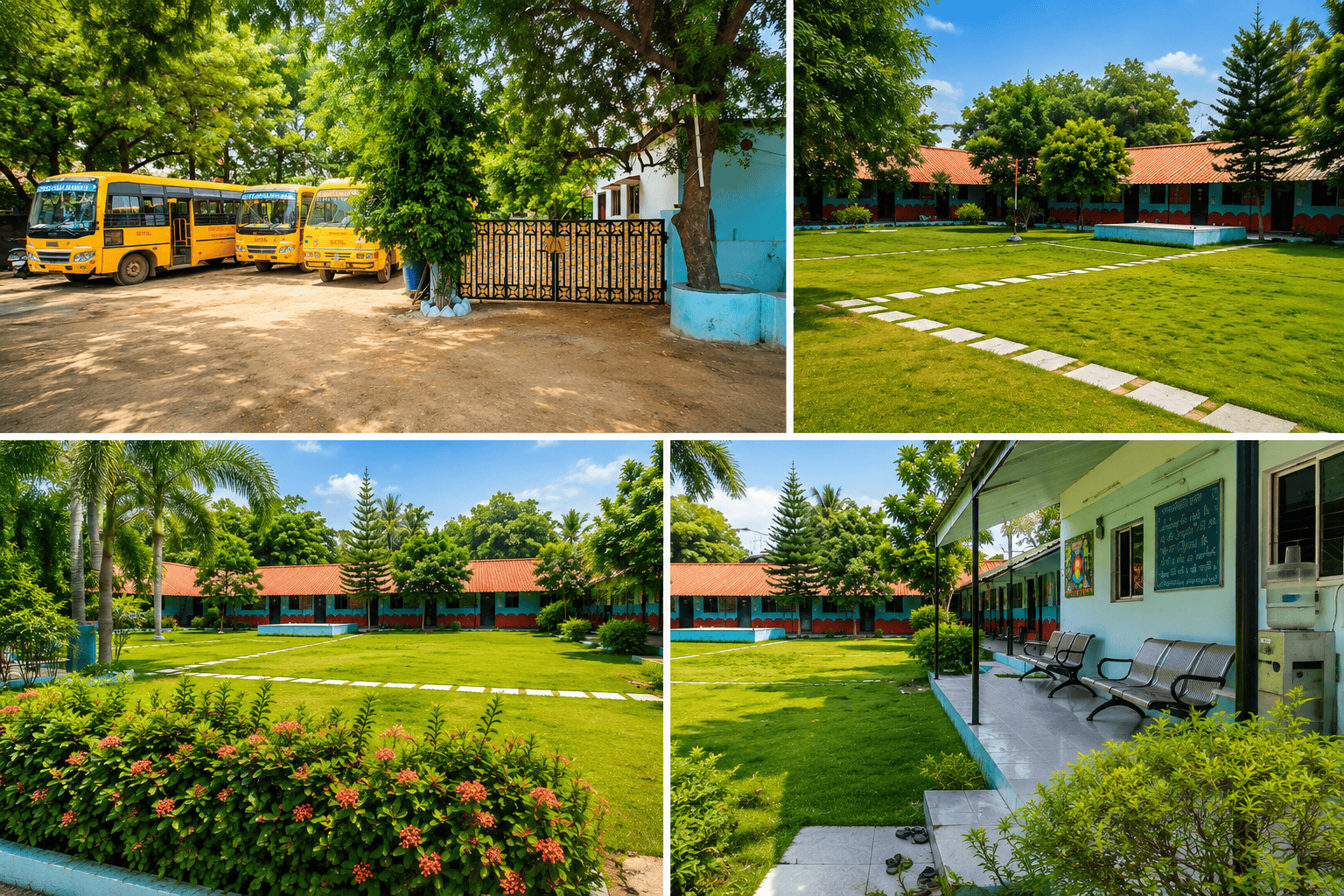 Geetanjali Primary School Bachupally campus with school buses, green lawns and classroom blocks