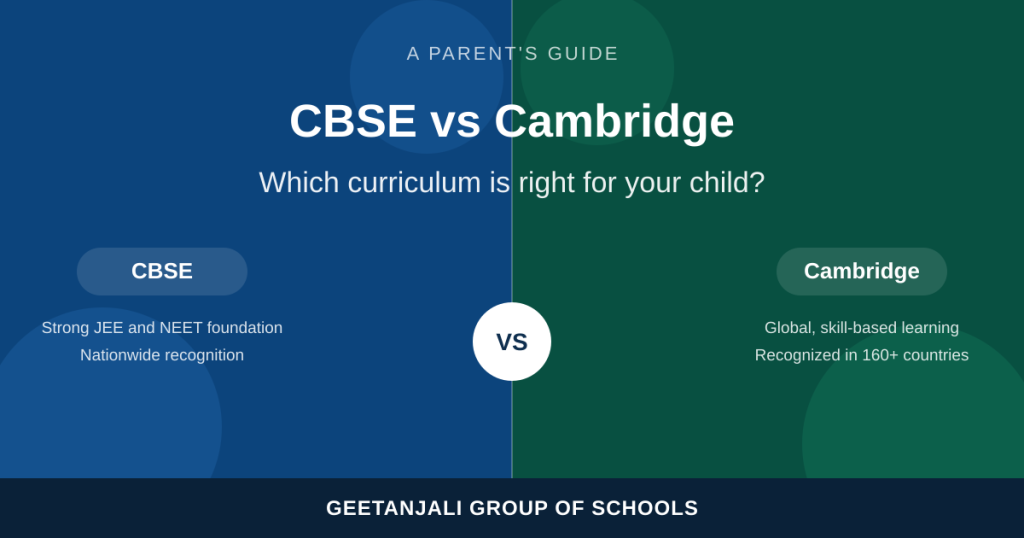 CBSE vs Cambridge curriculum comparison poster for Geetanjali Group of Schools blog
