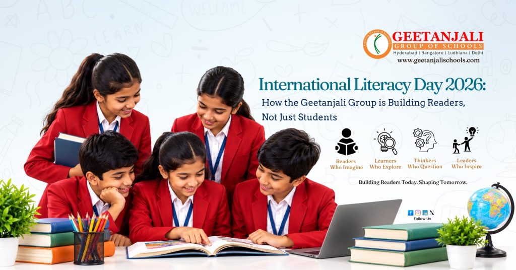 Students reading during library hour at Geetanjali Group of Schools, top 3 Cambridge schools in Hyderabad