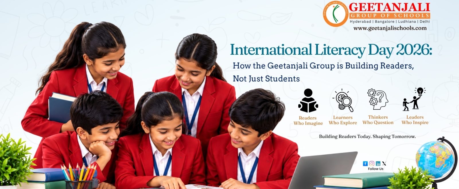 Students reading during library hour at Geetanjali Group of Schools, top 3 Cambridge schools in Hyderabad